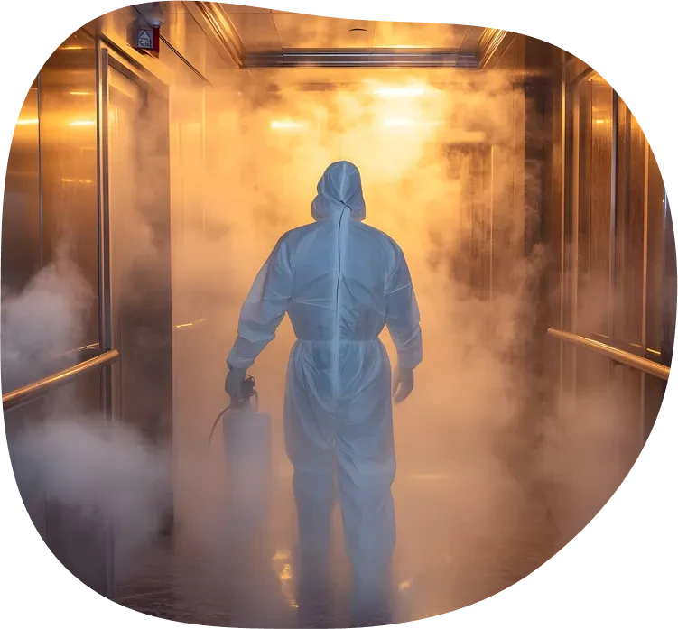 Person in Schutzanzug bei Speziallösungen zur Desinfektion in einem vernebelten Flur