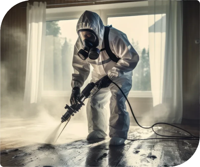 Speziallösungen: Person in Schutzanzug bei professioneller Reinigung mit Spezialausrüstung