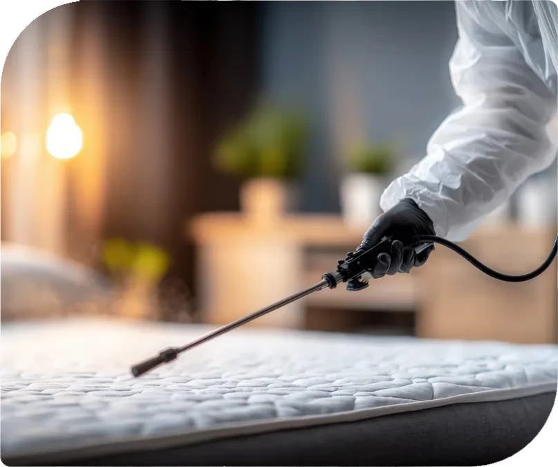 Digitale Schädlingskontroll-Nachweisführung: Person in Schutzkleidung führt Schädlingsbekämpfung auf Matratze durch