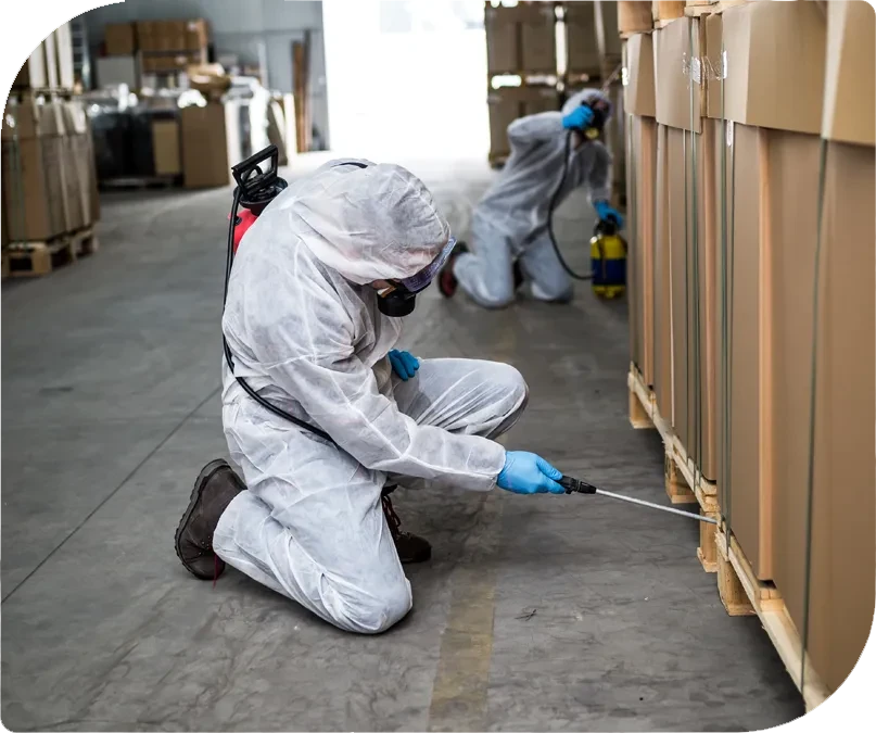 Schädlingsbekämpfer in Schutzanzügen bei der Desinfektion von Lagerware – themen-und-wissen-contentbild-01.webp
