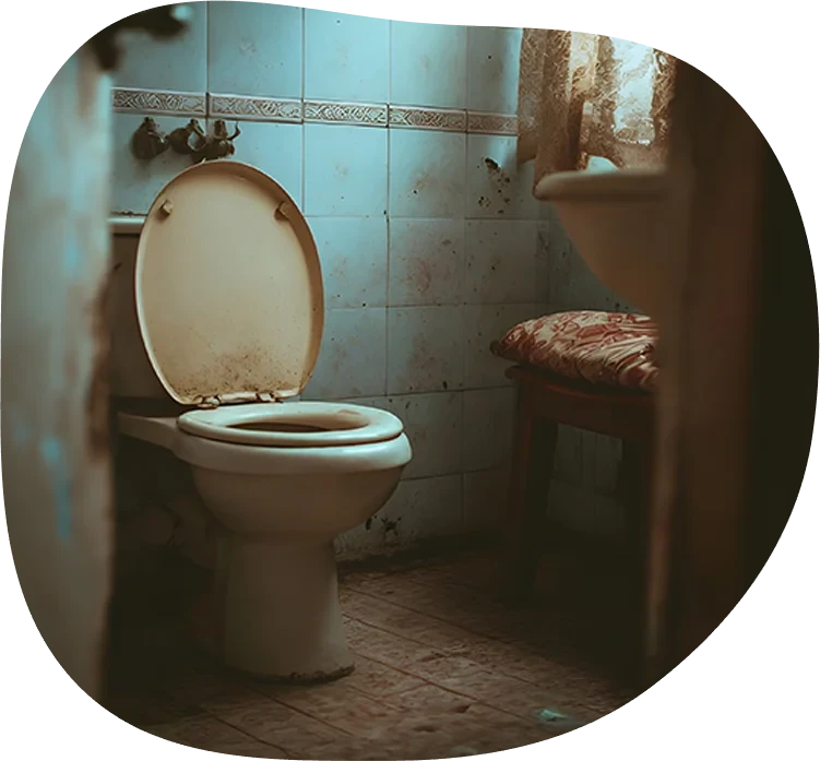 Stark verschmutzte Toilette in einem Badezimmer, Symbolbild für Fäkalienreinigung
