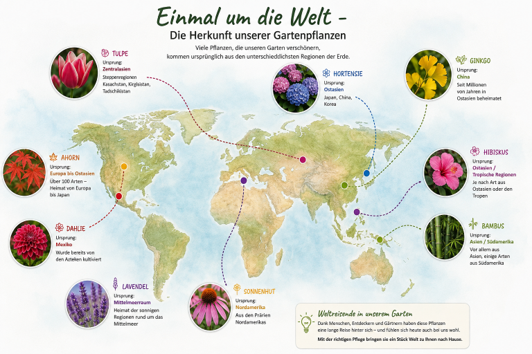 Einmal um die Welt – Die Herkunft unserer Gartenpflanzen: Infografik zu Ursprungsregionen von Tulpe, Lavendel, Sonnenhut und Hortensie Infografik zur Herkunft von Gartenpflanzen weltweit, mit Beispielen wie Tulpe, Lavendel, Sonnenhut, Hortensie und deren Ursprungsregionen