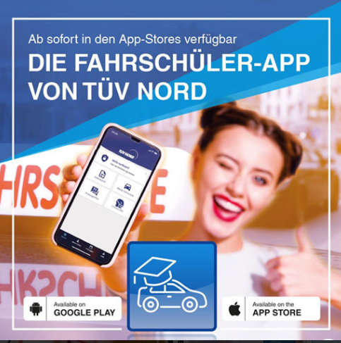 Die Fahrschüler-App von TÜV NORD jetzt in den App-Stores verfügbar, beworben mit Smartphone und App-Icons für Google Play und App Store.