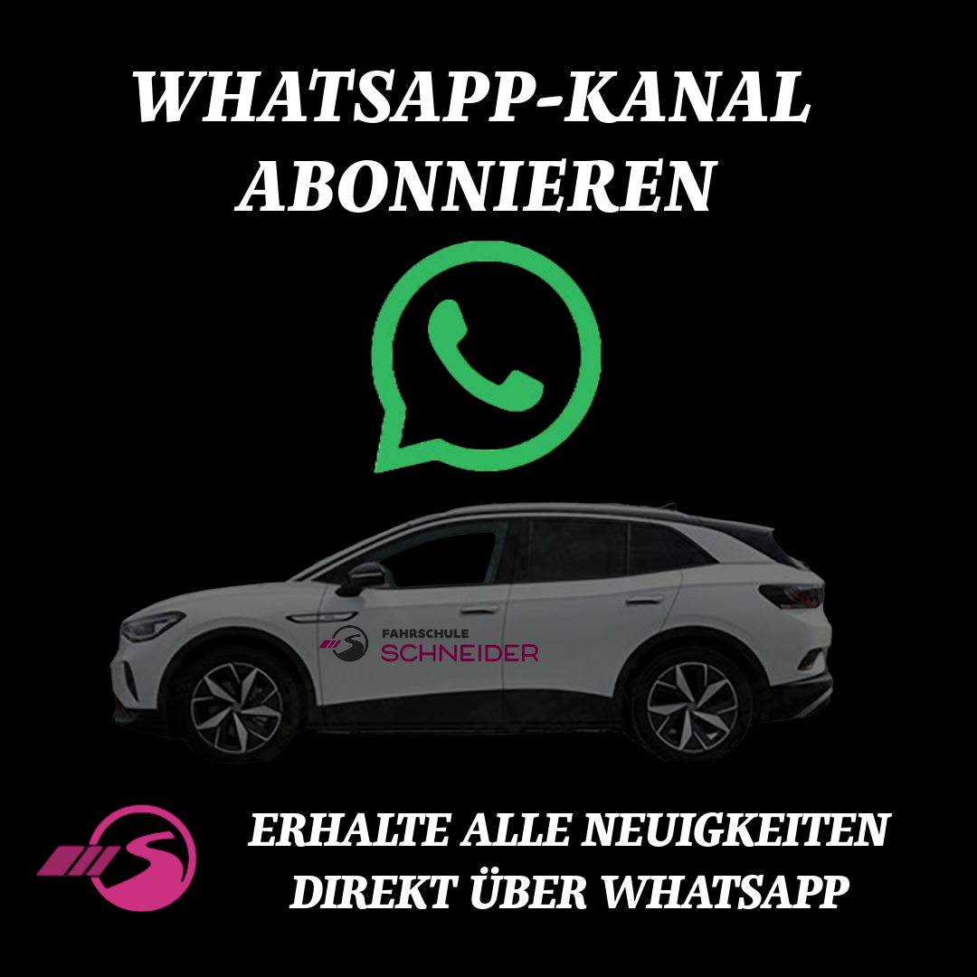Fahrschule Schneider Werbung fr WhatsApp-Kanal mit Auto und WhatsApp-Logo