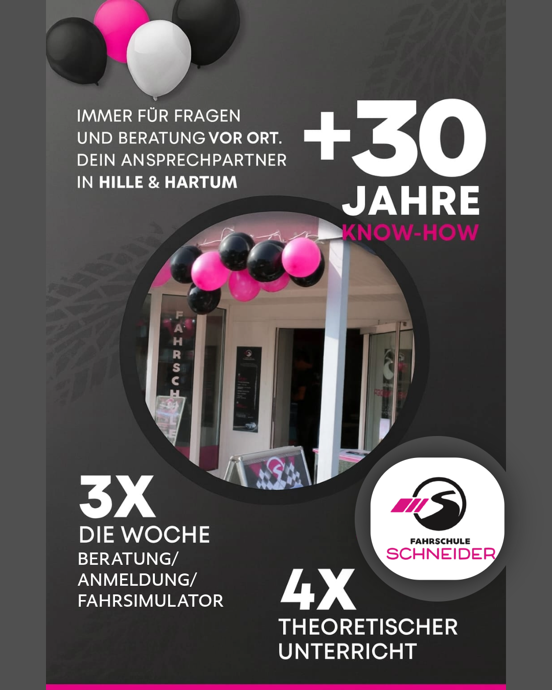 Eingang der Fahrschule Schneider in Hille und Hartum mit Ballons, Logo und Informationen zu Beratung und Kursen.