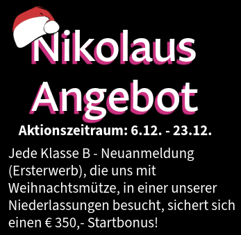 Screenshot eines Nikolaus Angebots mit Aktionszeitraum vom 6.12. bis 23.12. und Startbonus für Klasse B Neuanmeldungen mit Weihnachtsmütze.