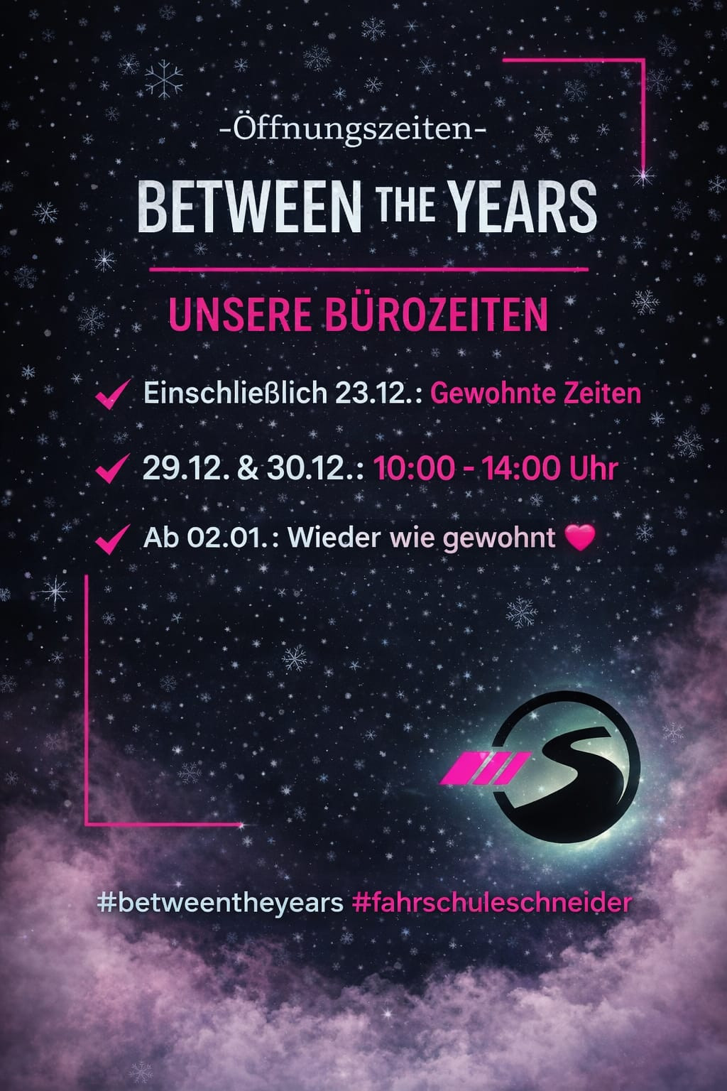 Öffnungszeiten Fahrschule Schneider zwischen den Jahren 2025 mit Wintermotiv und Bürozeiten