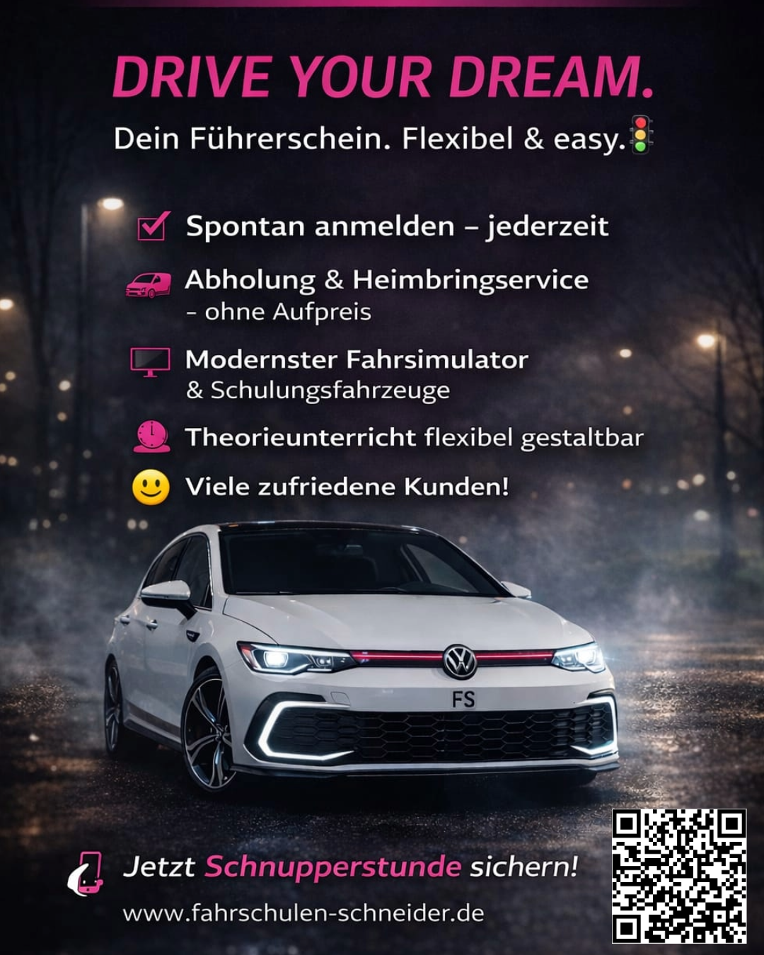 Werbung einer modernen Fahrschule mit weißem VW Golf, flexiblem Theorieunterricht, Fahrzeugsimulator und Heimbringservice