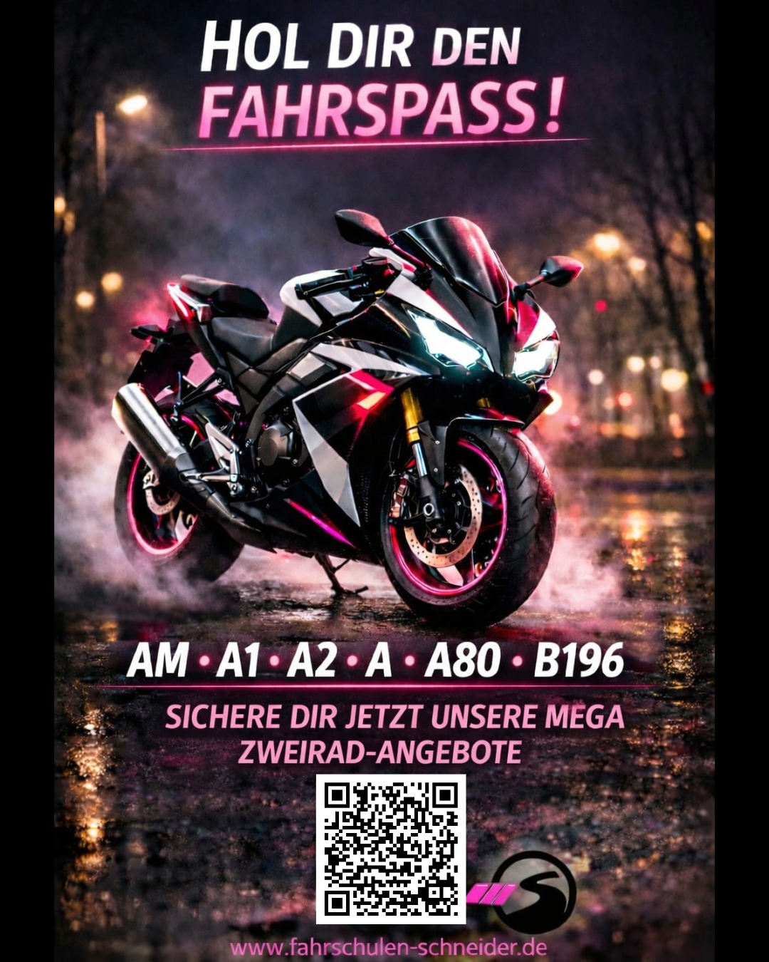 Sportliches Motorrad bei Nacht mit Hinweis auf Zweirad-Angebote und Führerscheinklassen AM, A1, A2, A, A80, B196