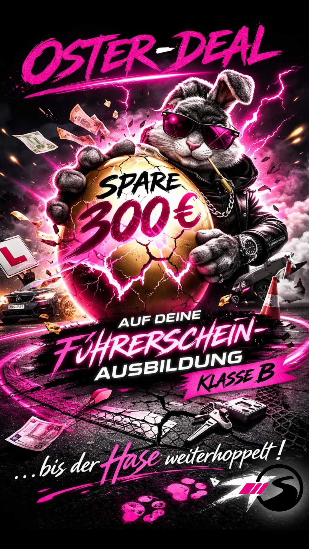 Werbegrafik mit Katze im Lederoutfit, die 300 Euro Rabatt auf die Führerscheinausbildung Klasse B bewirbt