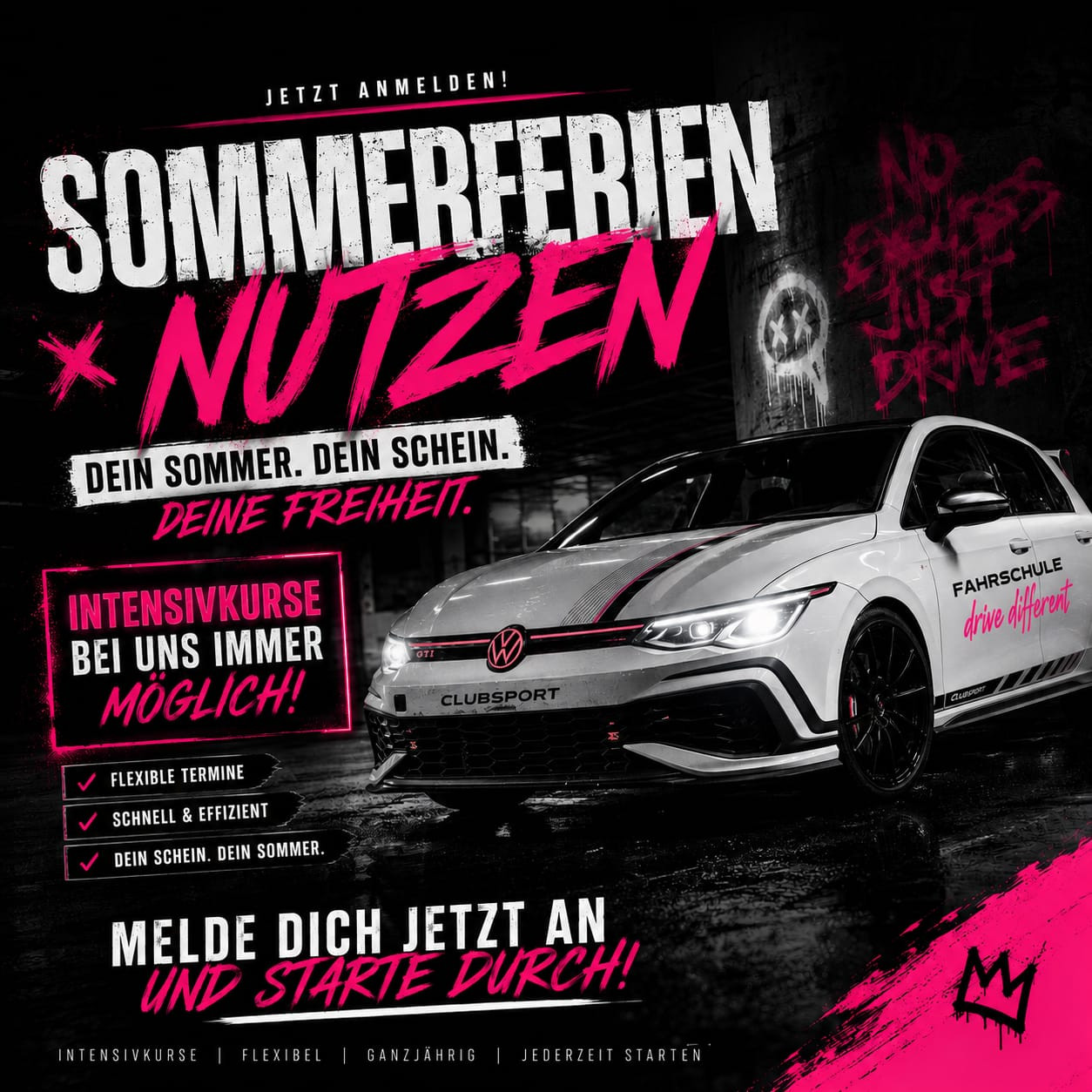 Werbegrafik einer Fahrschule mit VW Clubsport und Aufruf, die Sommerferien fr Intensivkurse zu nutzen.