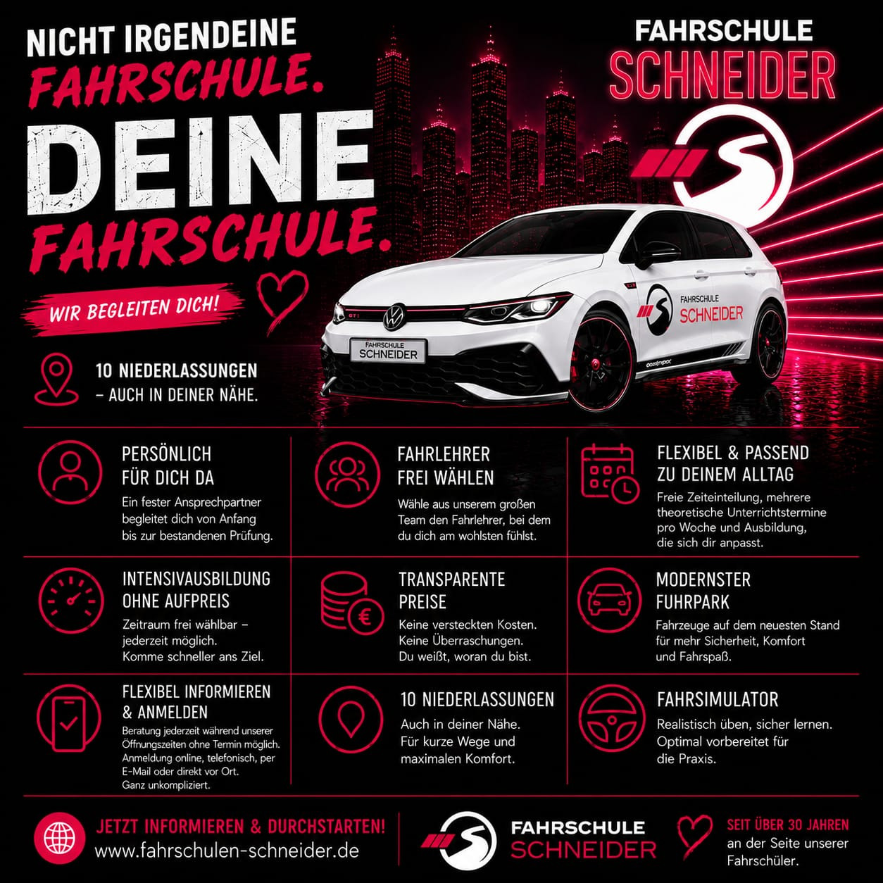 Werbeanzeige der Fahrschule Schneider mit modernem Auto und Vorteilen wie persönliche Betreuung, freie Fahrlehrerwahl und Intensivausbildung.