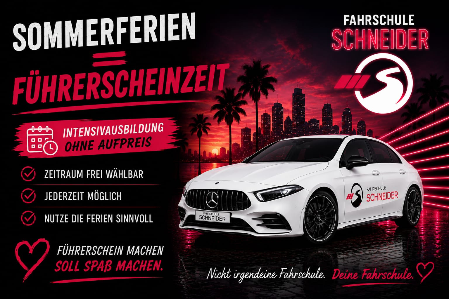 Werbung der Fahrschule Schneider: Intensivausbildung in den Sommerferien, Mercedes vor Skyline und Palmen, Vorteile wie flexible Termine und ohne Aufpreis