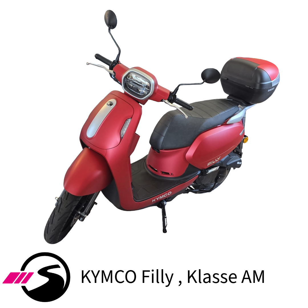 Roter KYMCO Filly Roller der Klasse AM mit Topcase, Seitenansicht