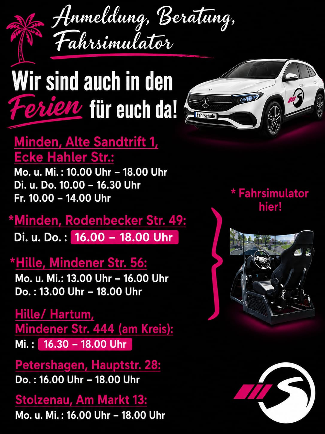 Öffnungszeiten der Fahrschule in Minden, Hille und Petershagen während der Ferien mit Fahrstunden und Fahrsimulator