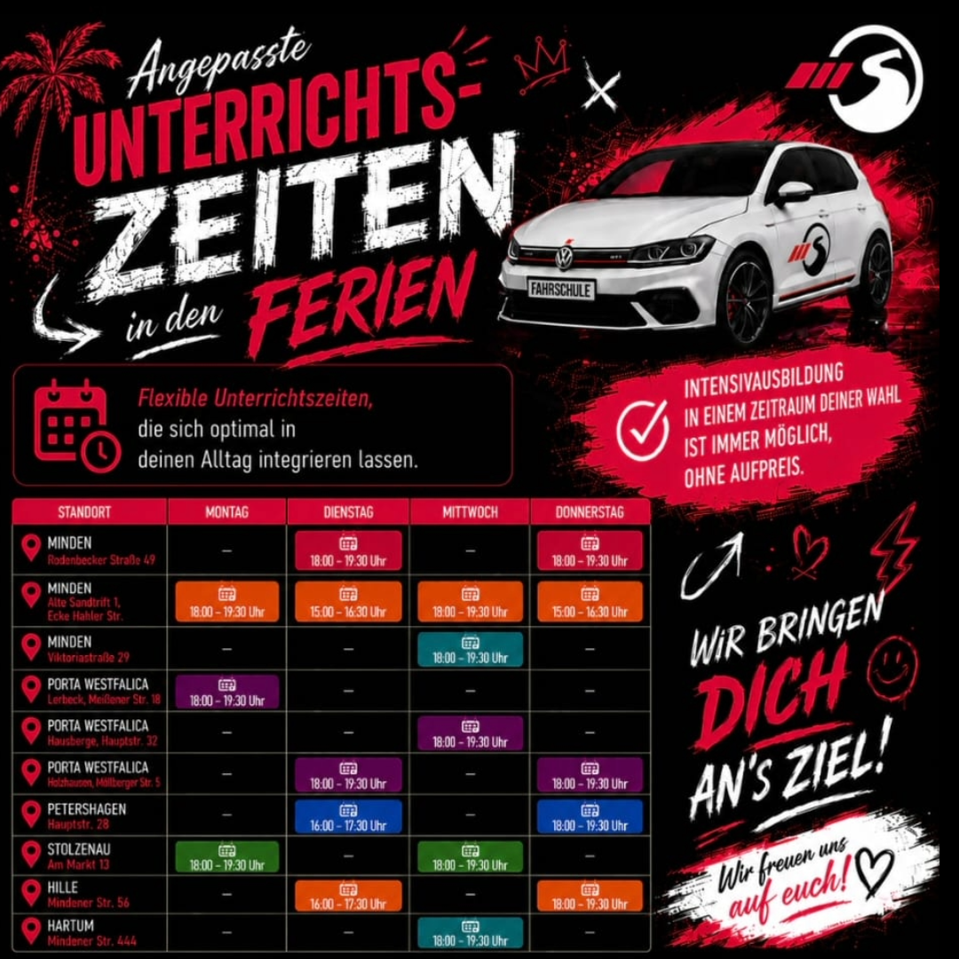 Angepasste Unterrichtszeiten in den Ferien bei der Fahrschule mit Standorten in Minden, Porta Westfalica, Petershagen, Stolzenau und Hille. Übersicht der Unterrichtszeiten und Informationen zur Intensivausbildung.