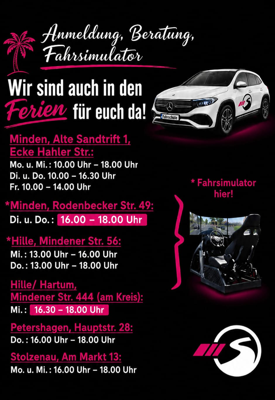 Öffnungszeiten und Standorte einer Fahrschule in Minden, Hille und Petershagen mit Fahrsimulator-Angebot in den Ferien