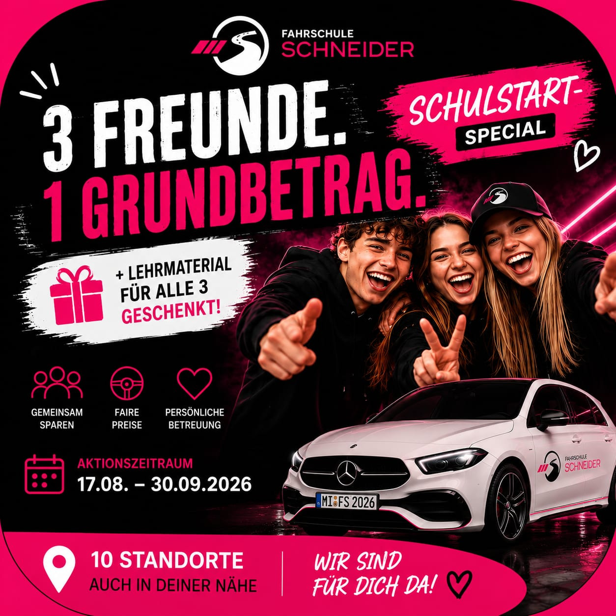 Fahrschule Schneider Schulstart Special: Drei Freunde profitieren von einem Grundbetrag und kostenlosem Lehrmaterial, Aktionszeitraum 17.08.-30.09.2026