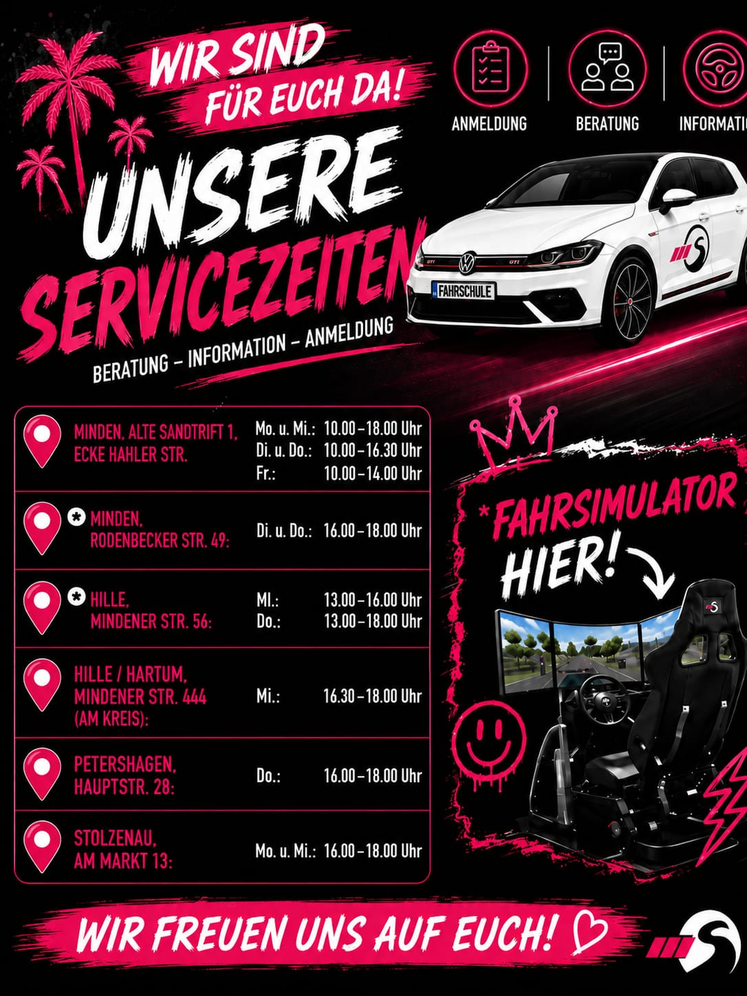 Servicezeiten und Standorte einer Fahrschule in Minden, Hille, Petershagen und Stolzenau mit Hinweis auf einen Fahrsimulator