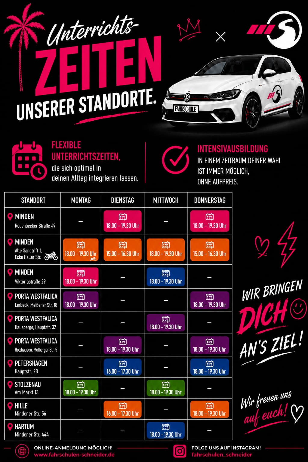 Fahrschule Unterrichtszeiten und Standorte in Minden, Porta Westfalica, Petershagen und Stolzenau, inklusive Intensivausbildung und flexible Zeiten.