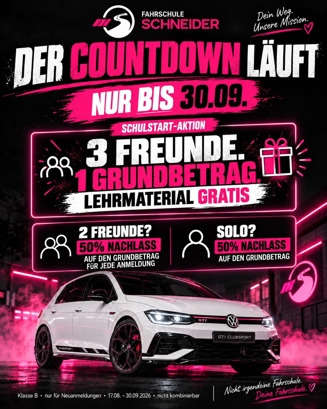 Schulstart-Aktion mit VW Golf GTI Clubsport und Rabattaktion bis 30.09. – Freunde werben, Grundbetrag sparen, Lehrmaterial gratis