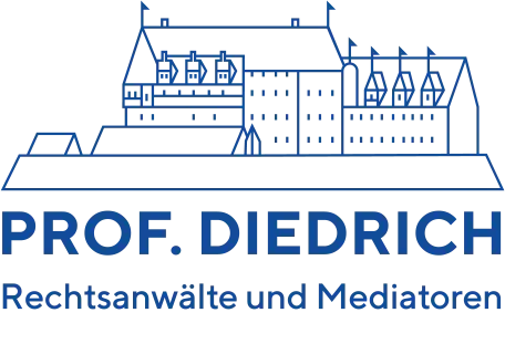 Logo der Kanzlei Prof. Diedrich Rechtsanwälte und Mediatoren, stilisierte Gebäudezeichnung, 2025