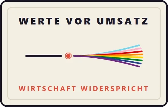 Werte vor Umsatz – Nachhaltigkeit und Diversität in der Wirtschaft Grafik mit dem Slogan 'Werte vor Umsatz' und bunten Linien als Symbol für Diversität und nachhaltige Wirtschaft