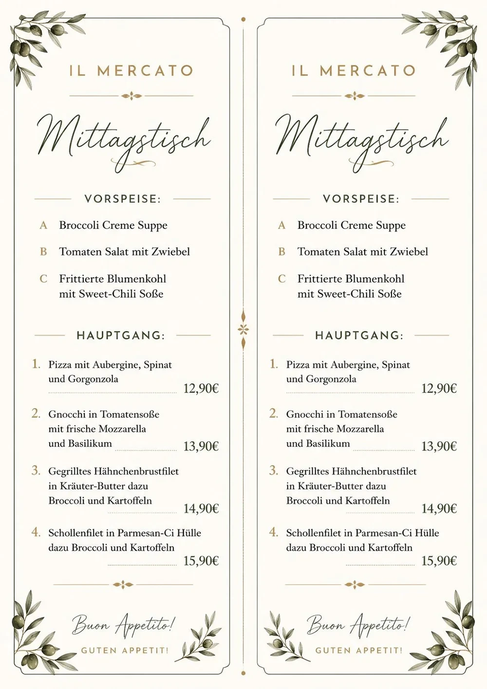 Mittagstisch Menü vom 01.06.2026 mit Vorspeisen und Hauptgerichten wie Pizza mit Aubergine, Gnocchi, Hähnchenbrustfilet und Schollenfilet