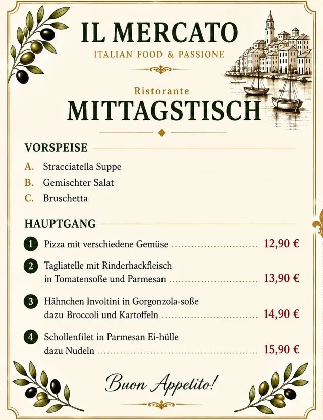 Mittagstisch von Il Mercato mit italienischen Gerichten
