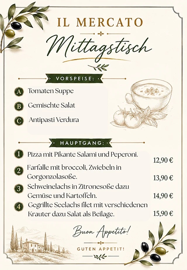 Mittagstisch August 2026 Speisekarte mit Vorspeisen und Hauptgerichten