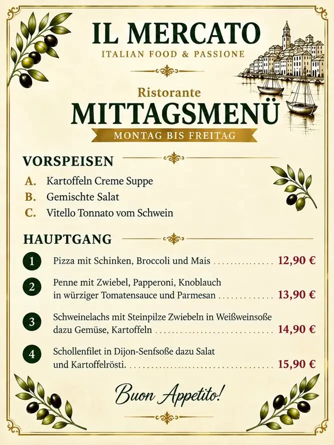 Mittagstisch 14.09. – Italienisches Mittagsmenü mit Vorspeisen und Hauptgerichten im Ristorante