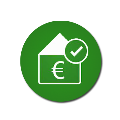 Icon für bezahlbaren Wohnraum mit Euro-Symbol und Häkchen