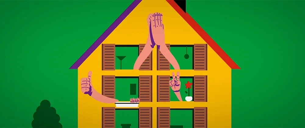 Video-Poster mit bunter Illustration eines Hauses
