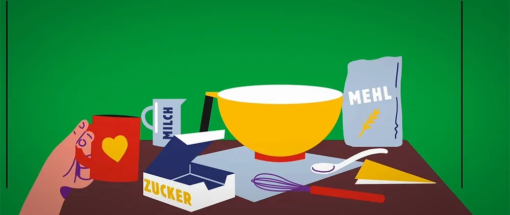 Illustration mit Backzutaten wie Milch, Zucker, Schüssel und Schneebesen