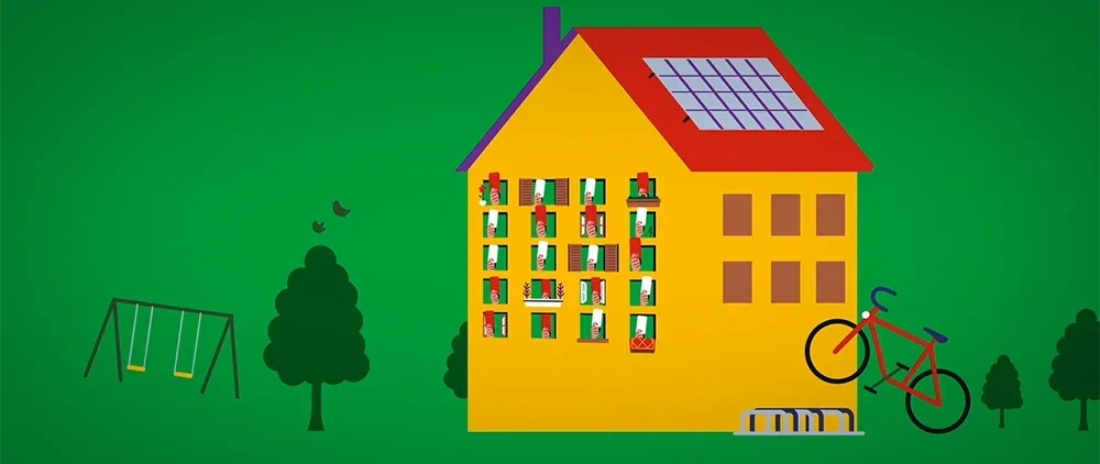 Illustration eines Mehrfamilienhauses mit Bewohnern und grüner Umgebung