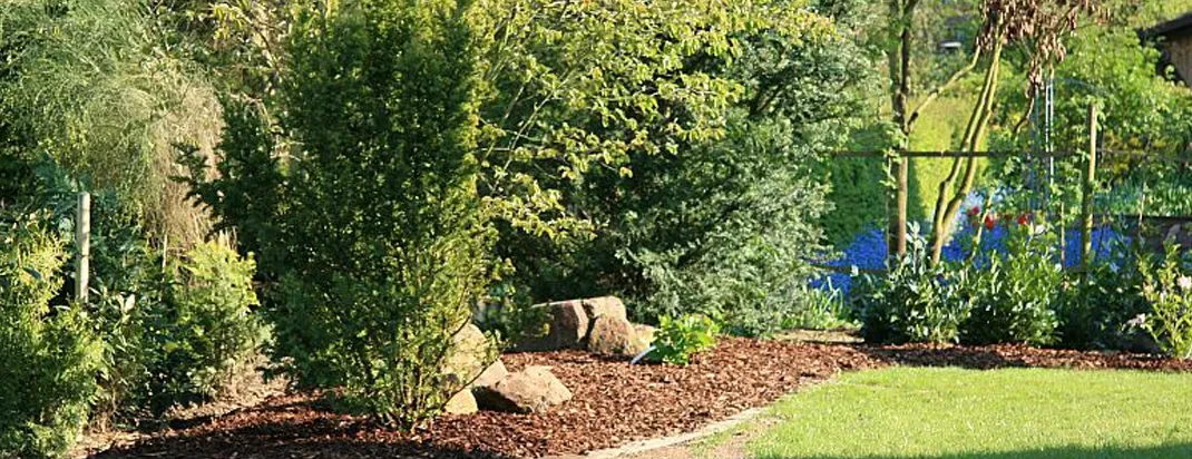Pflanzarbeiten im Garten mit frisch bepflanztem Beet und Sträuchern als Headerbild