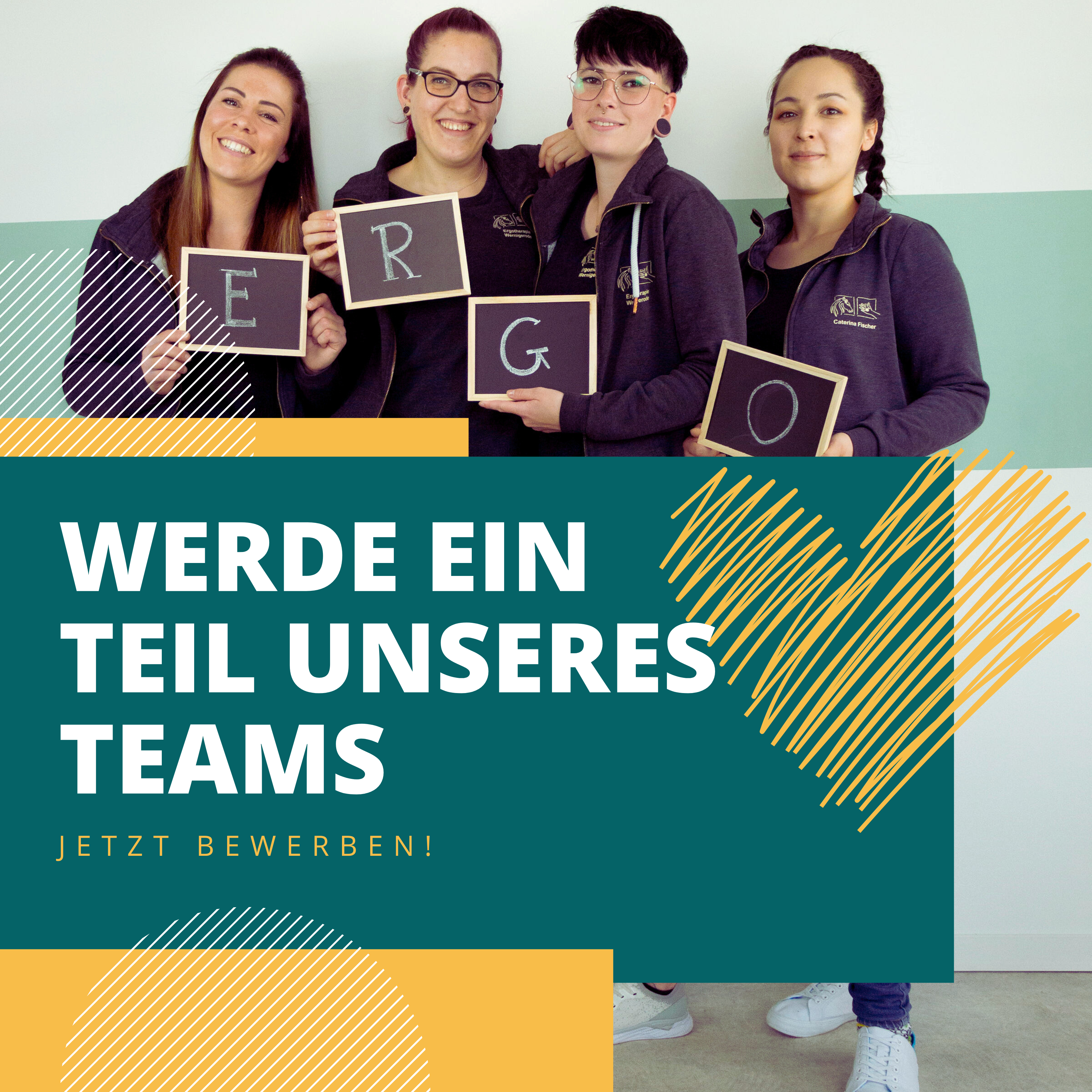 Professionelle Stellenausschreibungs-Ankündigung für Social Media mit Teamfoto und dem Schriftzug 'Werde ein Teil unseres Teams – Jetzt bewerben!'