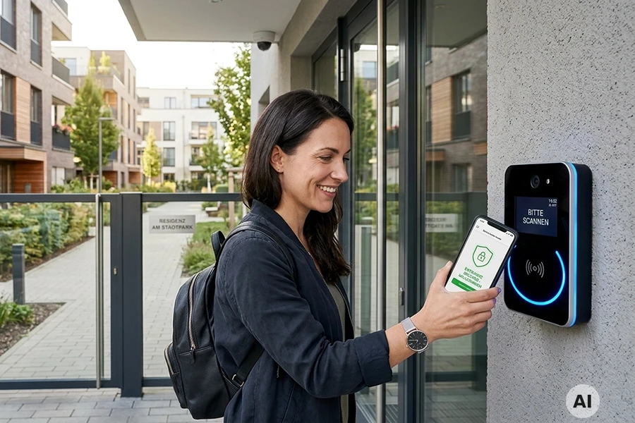 Frau nutzt digitalen Zutritt per Smartphone an Wohnanlagen-Eingang KI
