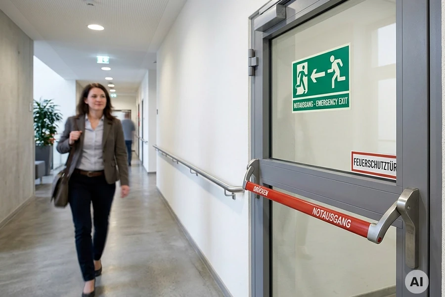 Fluchttür mit Notausgang-Beschilderung in einem modernen Bürogebäude