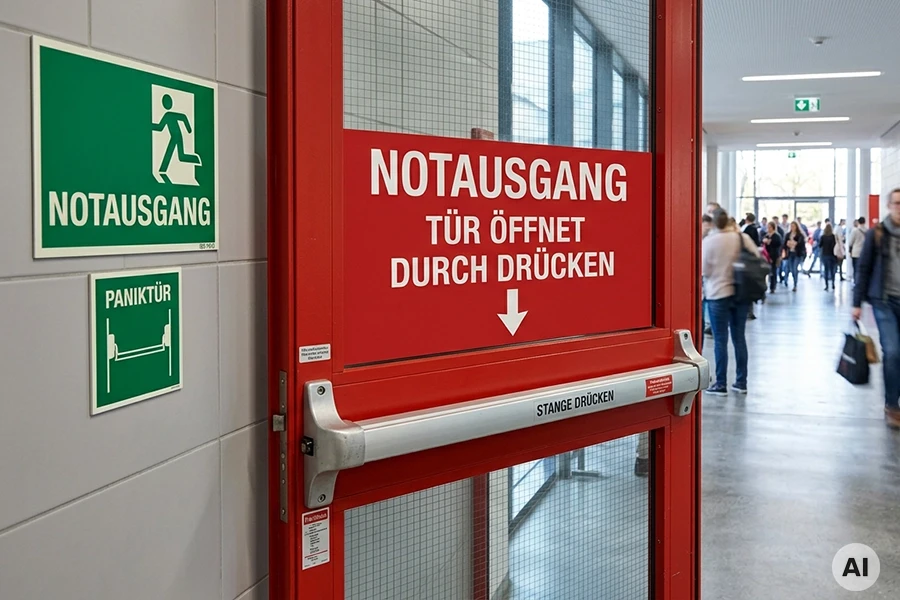 Fluchttür mit Notausgangsbeschilderung und Panikstange in einem öffentlichen Gebäude