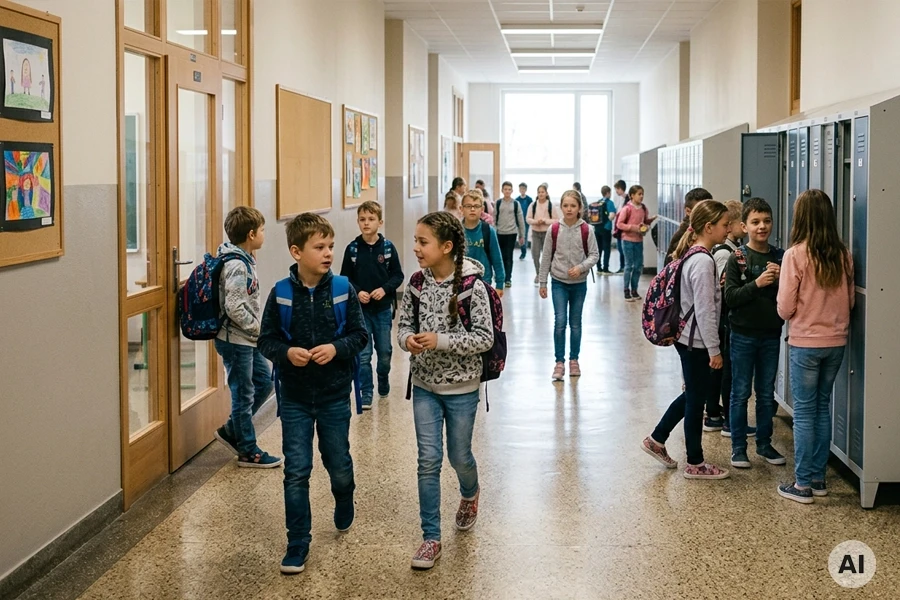 Schulkinder in einer öffentlichen Schule laufen durch einen Flur