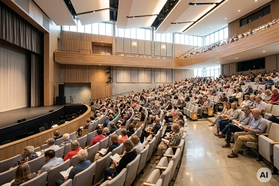 Großer moderner Hörsaal mit vielen Menschen bei einer öffentlichen Veranstaltung