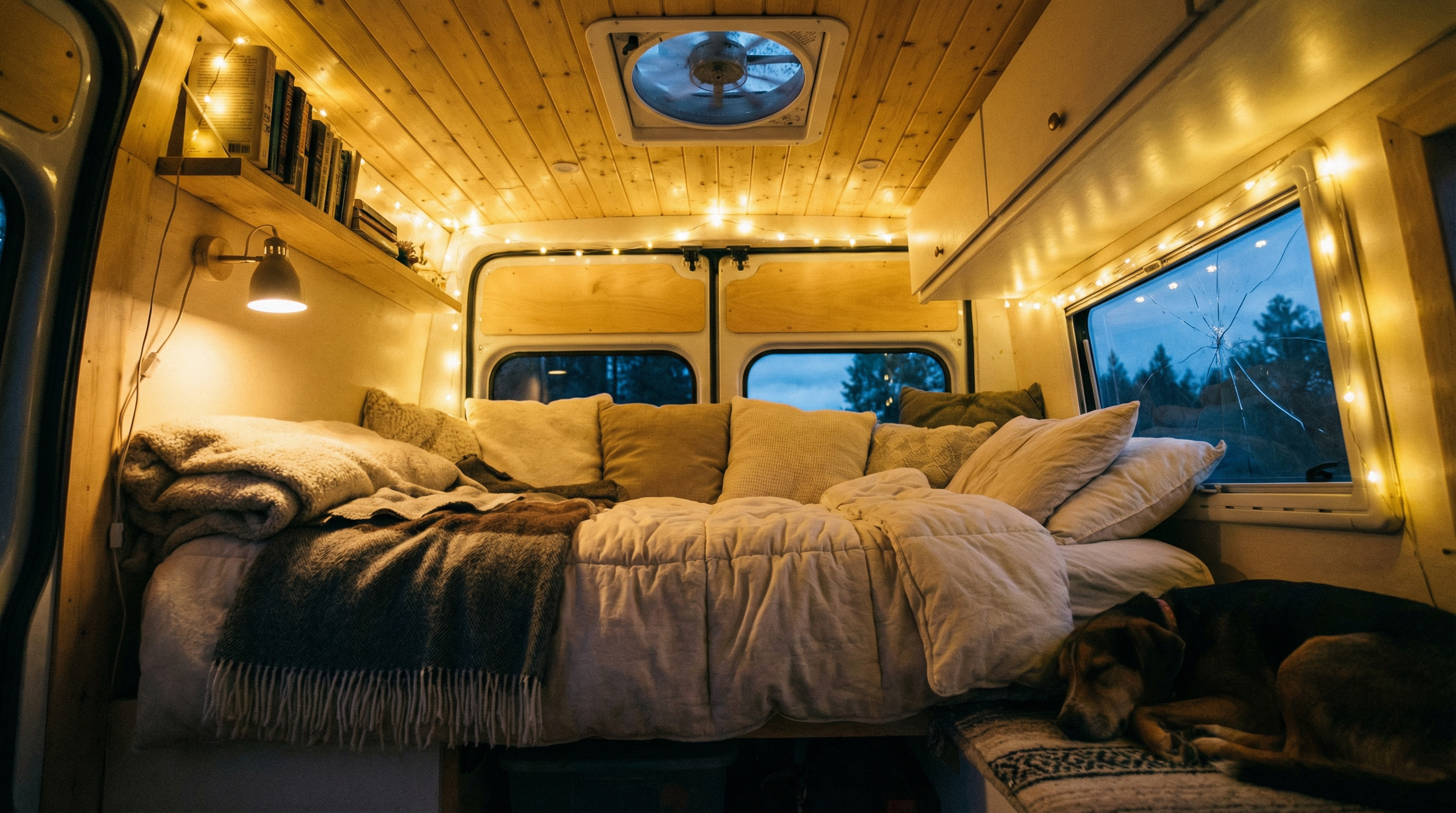 Gemütlicher Vanlife Innenausbau mit Bett und Lichterkette