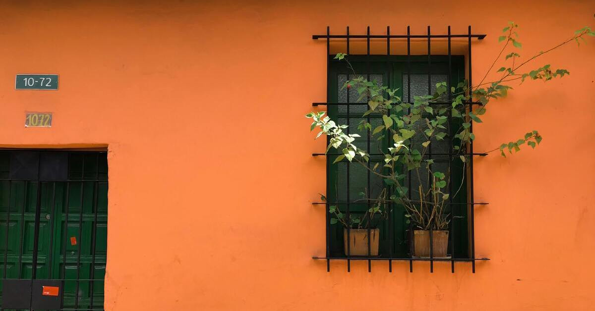 Fenstergitter aus Stahl an einem grünen Fenster mit Pflanzen vor einer orangefarbenen Wand