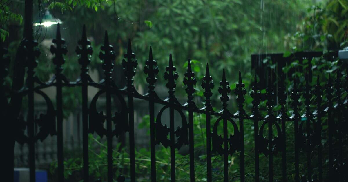 Metallzaun im Garten bei Regen mit grüner Bepflanzung im Hintergrund