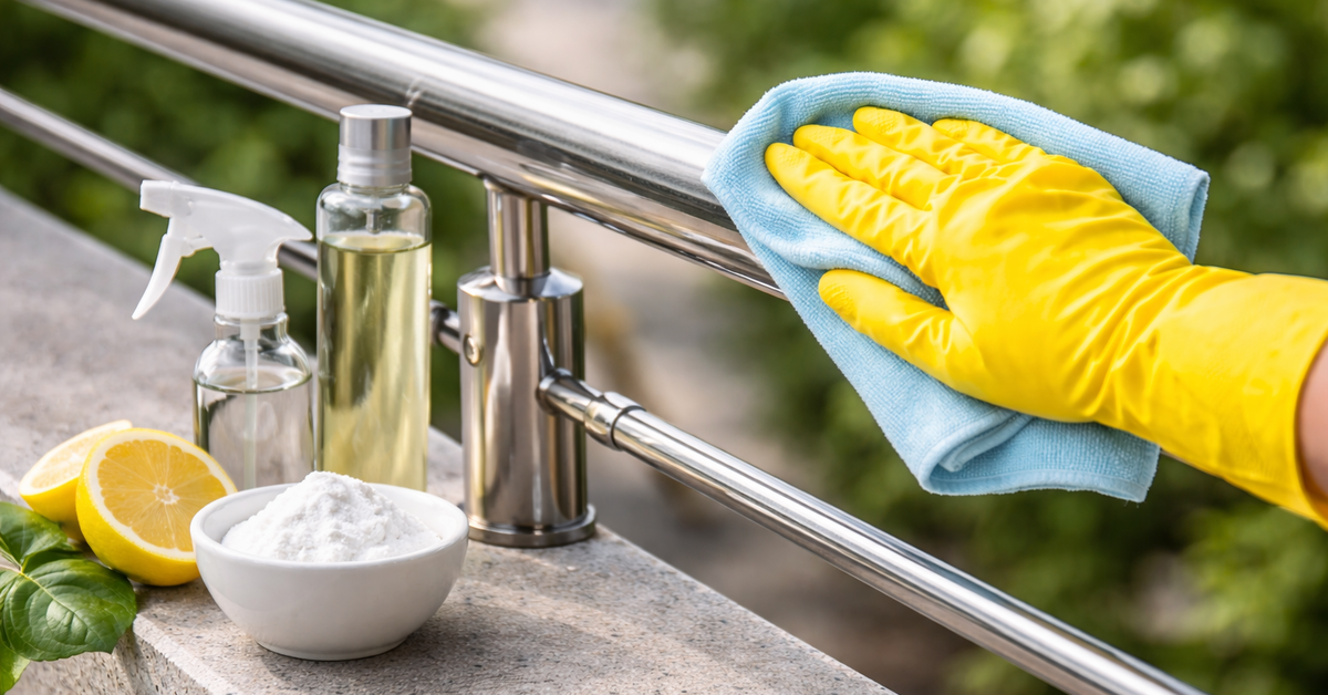 Stainless Steel Pflege bei Tageslicht – Reinigung eines Edelstahlgeländers mit Handschuhen und Pflegemitteln