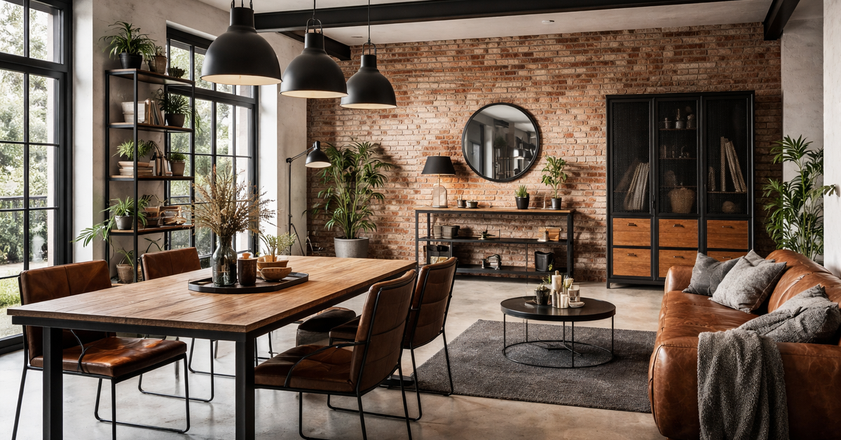 Industrielles Wohnzimmer mit rustikalem Charme, Backsteinwand, Holztisch und modernen Industrielampen