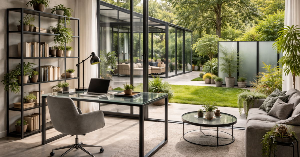 Modernes Wohnzimmer mit großen Glasfronten und Gartenblick, stilvoll eingerichtet mit Schreibtisch und Pflanzen
