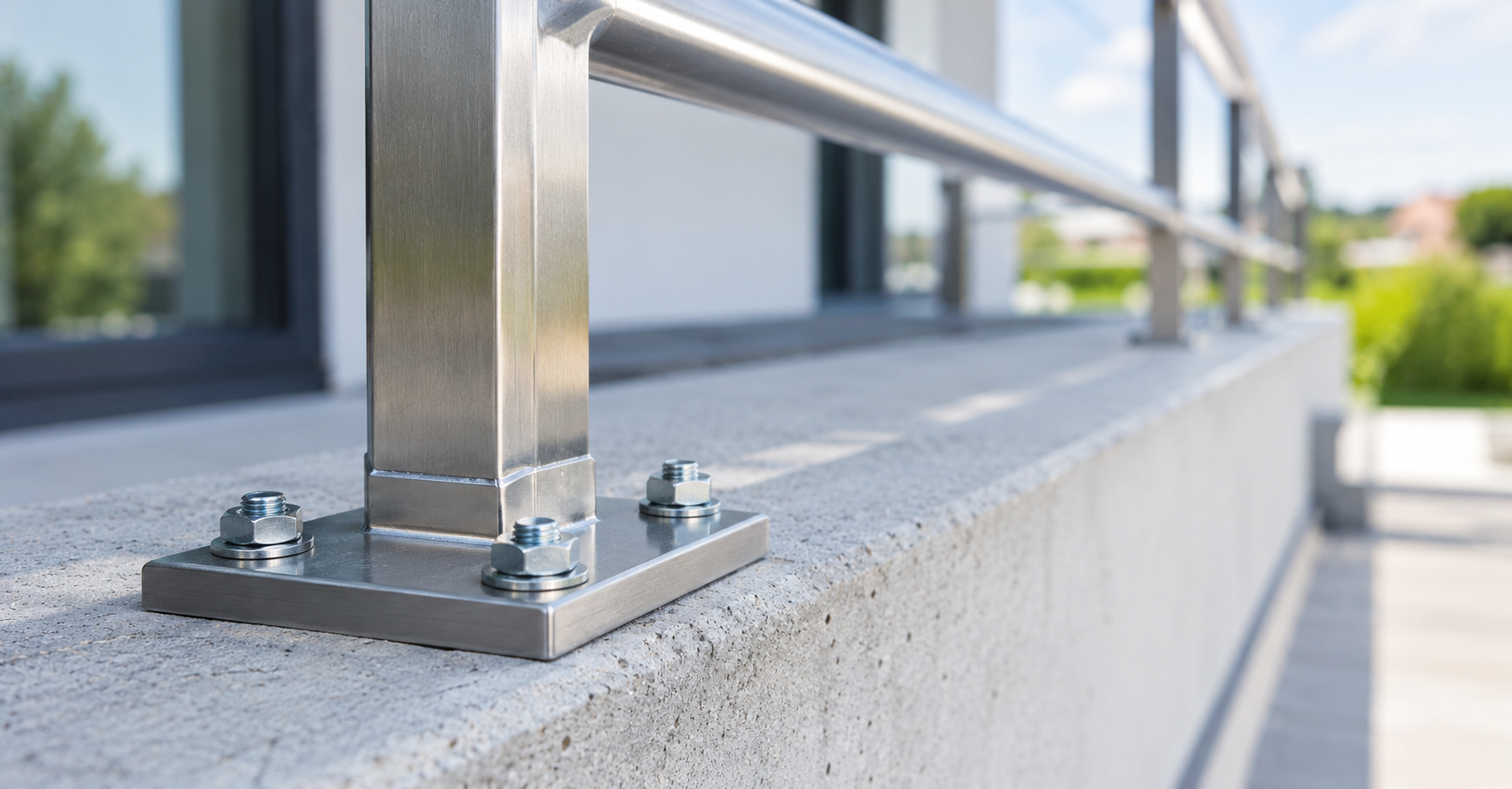 Detailaufnahme eines Edelstahlgeländers mit Befestigung auf Beton zur Veranschaulichung der Anpralllast