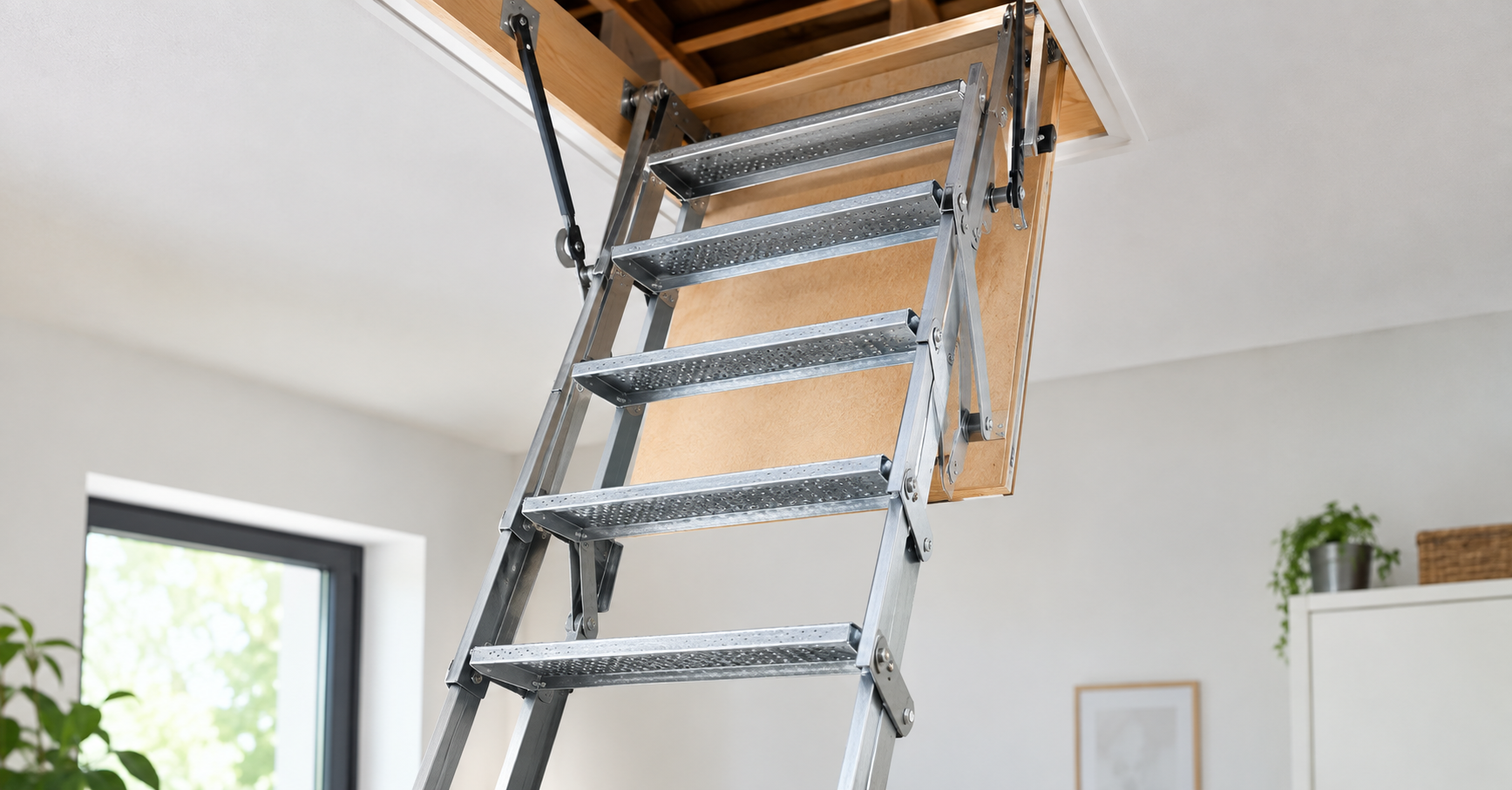 Klapptreppe aus Metall zu einem Dachboden in einem modernen Haus